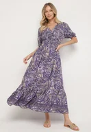 Sukienki - Fioletowa Bawełniana Sukienka o Rozkloszowanym Kroju we Wzór Paisley Folurelle - miniaturka - grafika 1