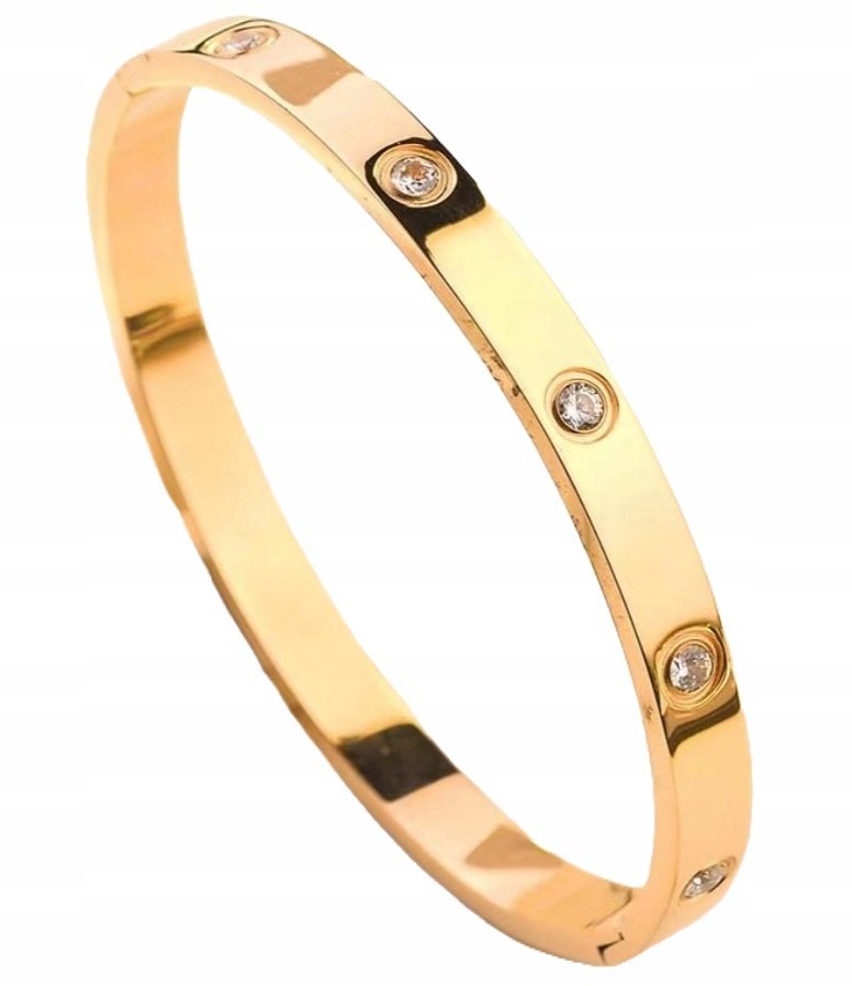 Złota Bransoletka Sztywna Okrągłe Cyrkonie Stal Szlachetna Zapinana