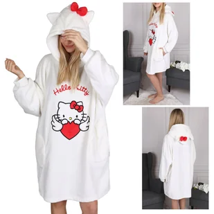 Hello Kitty Biała, damska bluza/szlafrok/koc z kapturem, snuddie, ciepła, miękka M-L - Piżamy damskie - miniaturka - grafika 1