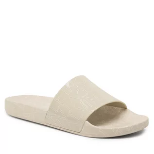 Kapcie męskie - Klapki Calvin Klein Pool Slide Rubber HM0HM01062 Outline Mono Beige 0F5 - grafika 1