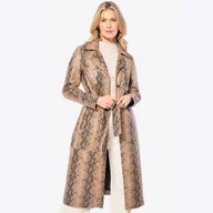 Płaszcze damskie - Damski płaszcz ze skóry w zwierzęcy wzór beżowy - miniaturka - grafika 1