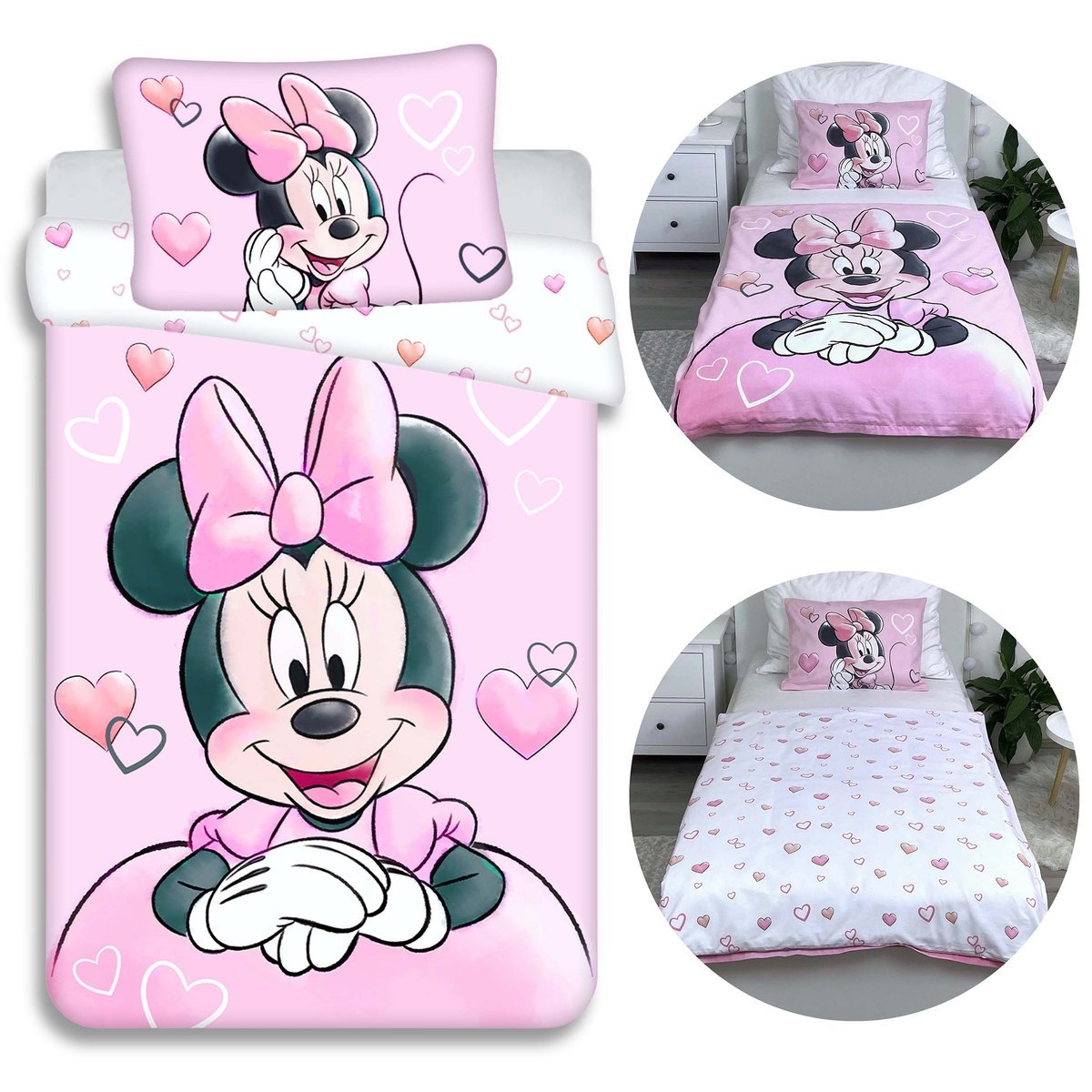 DISNEY Myszka Minnie Różowo-biała, DWUSTRONNA, bawełniana pościel dziecięca na zamek, 100% BAWEŁNA 100x135cm+40x60cm OEKO-TEX