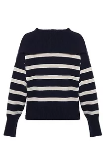 Blonda Damski sweter w paski z klapą akrylową granatową wełnę rozmiar XS/S, Granatowa biel wełny, XS - Swetry damskie - miniaturka - grafika 1