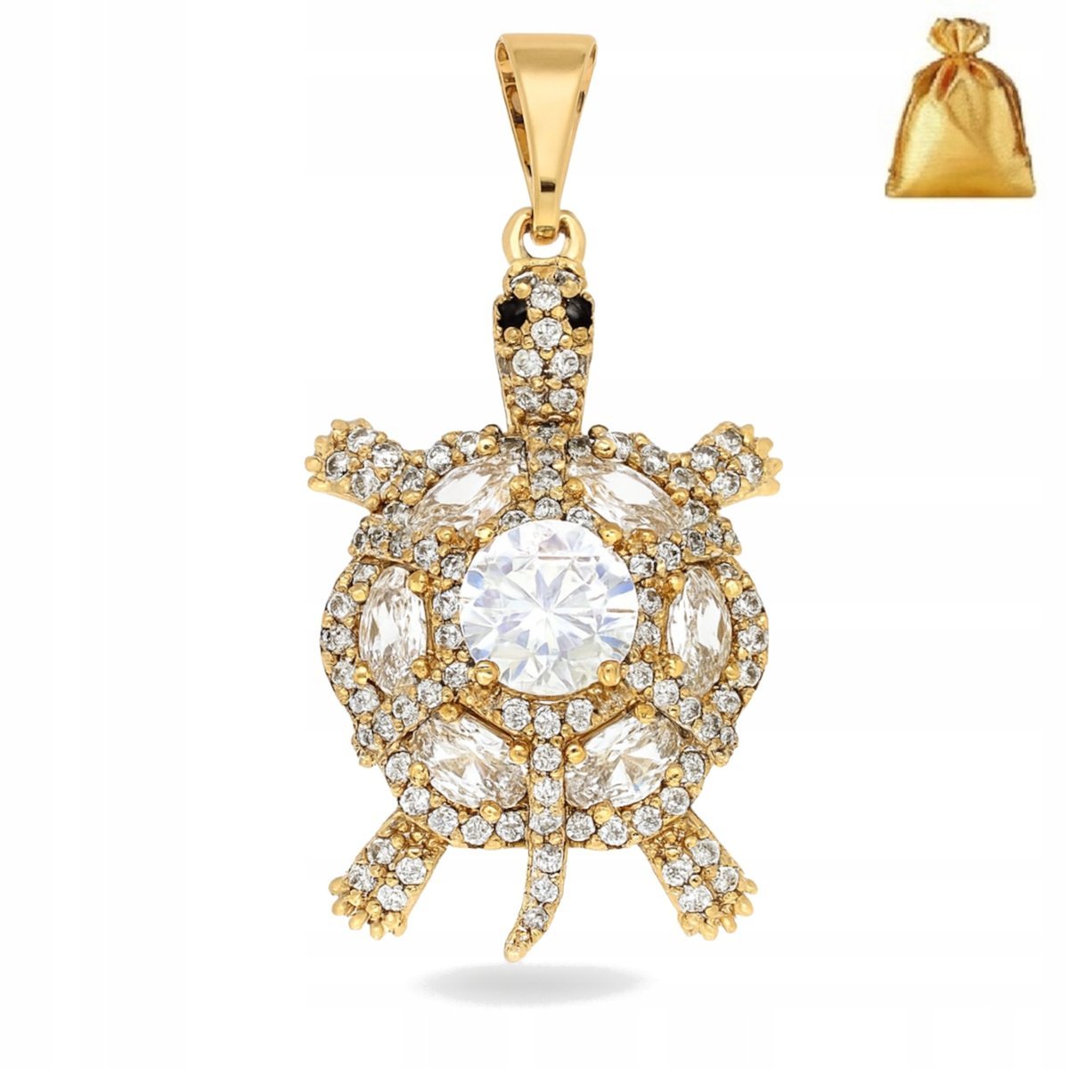 PRZEPIĘKNA DAMSKA ZAWIESZKA ZE STALI CHIRURGICZNEJ, ŻÓŁW Z CYRKONIAMI, 18K