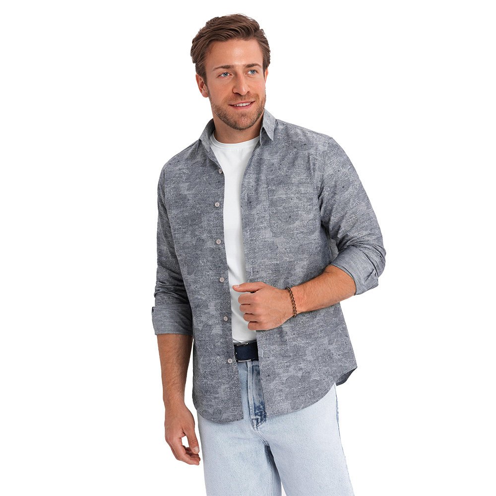 Flanelowa męska koszula bawełniana w kratę szara V3 OM-SHCS-0157 M
