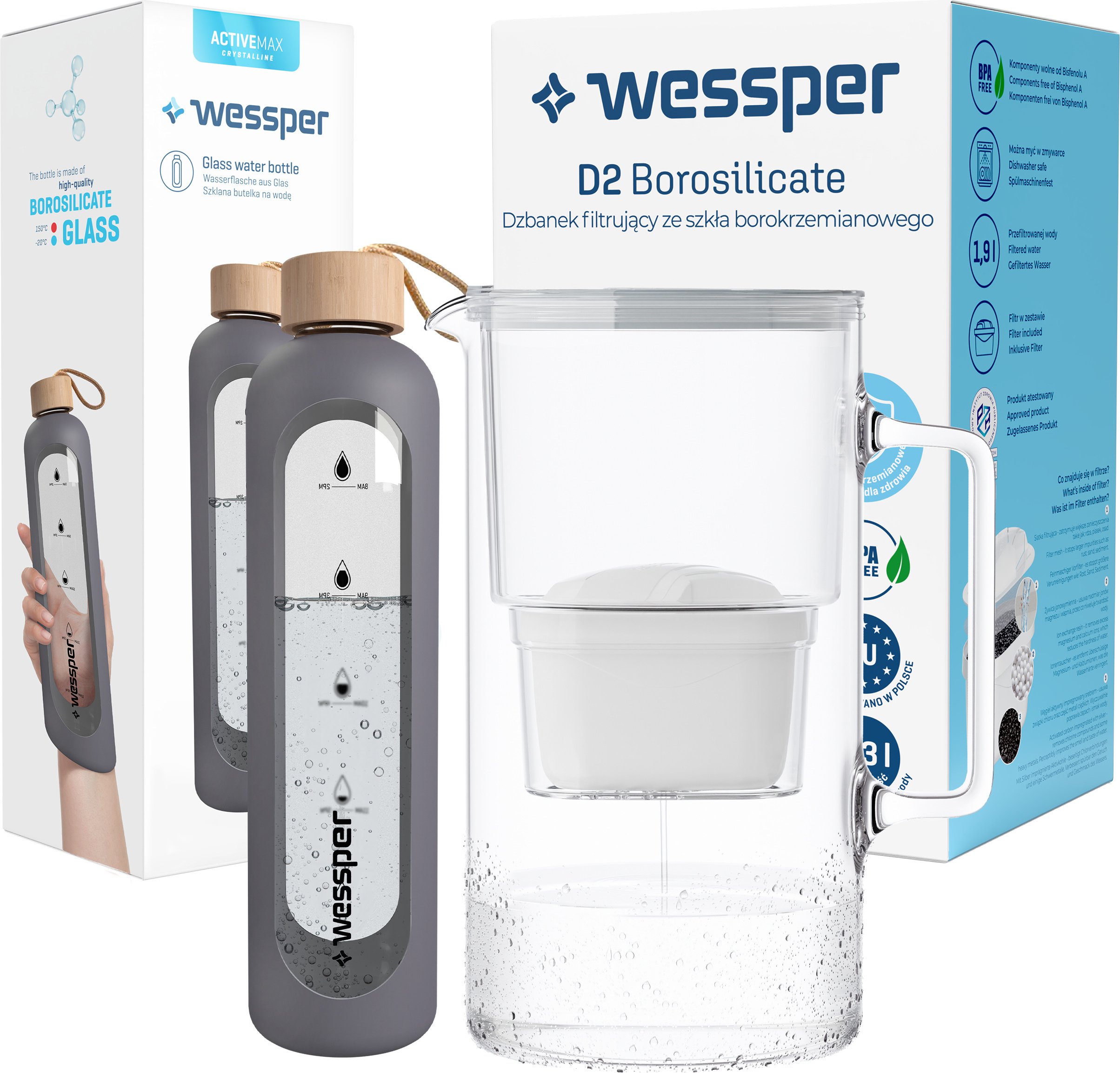 Zestaw Wessper: szklany dzbanek AquaMax Crystalline 3L z filtrem + szklana butelka motywacyjna ActiveMax Crystalline 1L z silikonową osłoną w kolorze szarym