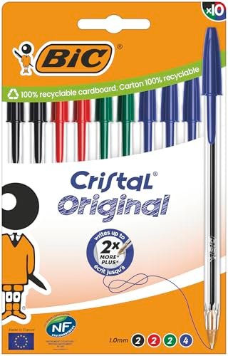 BIC Crystal Original Medium Point Długopis kulkowy (1,00 mm) - różne kolory atramentu, pudełko kartonowe 10 szt