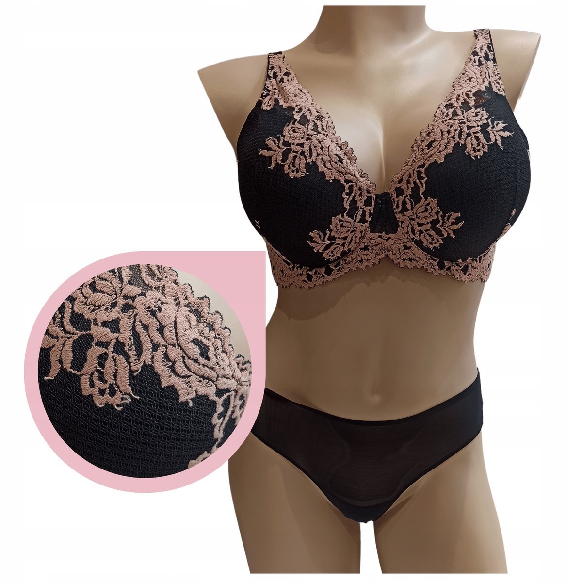 Lemax PRINCESS Plunge biustonosz usztywniany haft czarny/karmel stanik -65F