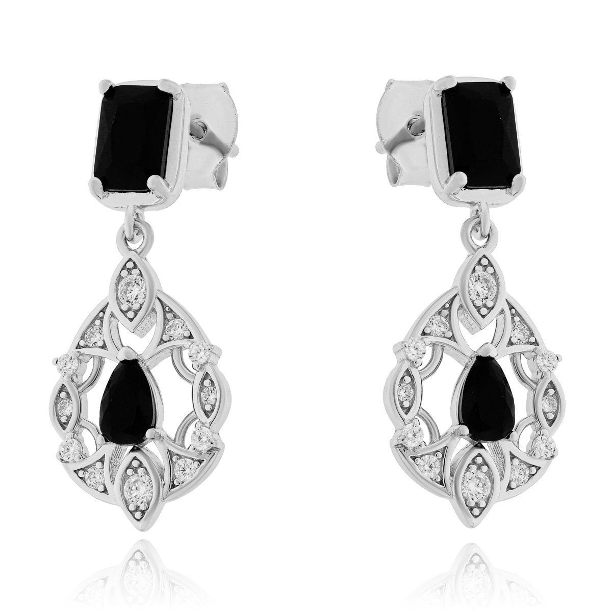 Srebrne kolczyki wiszące z czarnymi cyrkoniami sztyfty pr. 925