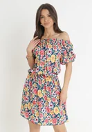 Sukienki - Granatowo-Żółta Sukienka Hiszpanka z Gumką w Pasie Cedrinth - miniaturka - grafika 1