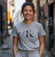 Koszulki i topy damskie - Koszulka Damska Calvin Klein SZARY t-shirt damski Prezent dla córki roz XS - miniaturka - grafika 1