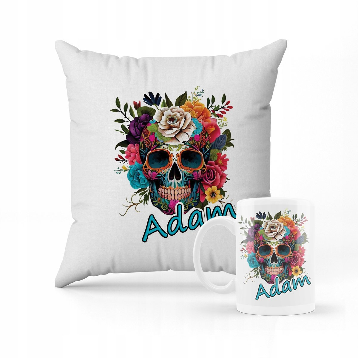 ZESTAW PODUSZKA + KUBEK PREZENT DLA DZIECKA CZASZKA BOHO los Muertos + IMIĘ