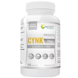 WISH Pharmaceutical Wish Pharmaceutical Cynk Glukonian Cynku 15mg + Prebiotyk 180 caps - Witaminy i minerały - miniaturka - grafika 1