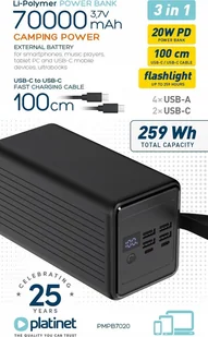 PLATINET POWER BANK 70000 mAh 20W PD FLASHLIGHT USB-C 1M CABLE [46014] - Powerbanki - miniaturka - grafika 1