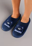 Kapcie damskie - Granatowe Kapcie Welurowe z Ozdobną Naszywką i Futerkiem Naorita - miniaturka - grafika 1
