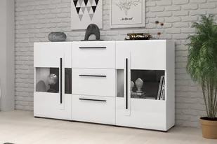 Komoda przeszklona dwudrzwiowa z trzema szufladami Tulsa 28 - biały / biały połysk - Komody - miniaturka - grafika 4