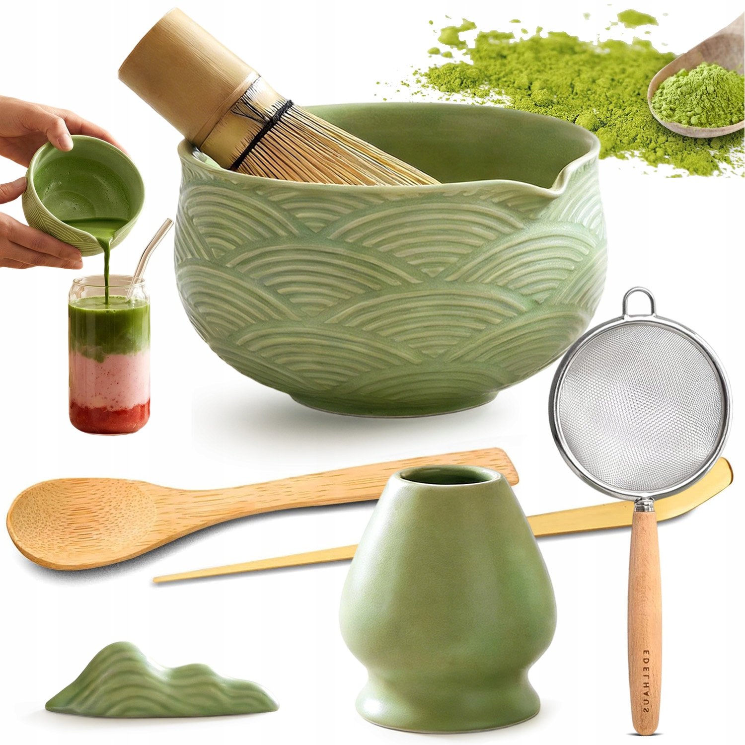 Bambusowy Zestaw Do Robienia Matchy Trzepaczka Łyżka Chasen, Miotełka 7W1