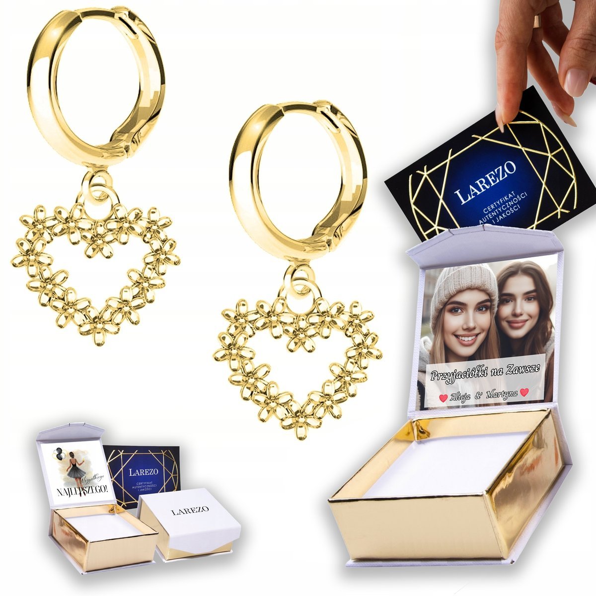 Złote Kolczyki 925 z Kwiatami Ozdobne Serce Kwiaty Kwiatki NADRUK