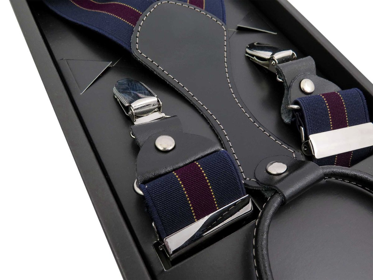 Długie granatowe szelki z szerokim czerwonym paskiem ze złotym XL110