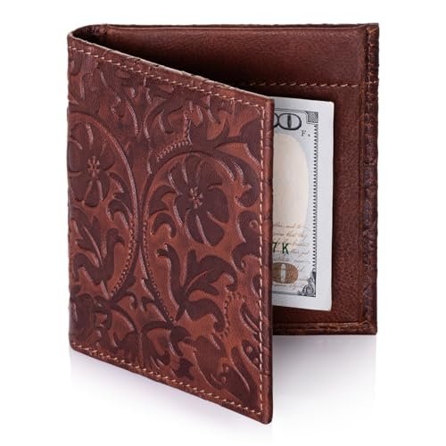 SURAZO Skórzany portfel męski i damski - ręcznie wykonany portfel z tłoczeniem kwiatowym - Slim Wallet z klamrą na pieniądze, 4 przegródkami na karty i kieszonką na monety - prawdziwa skóra vintage