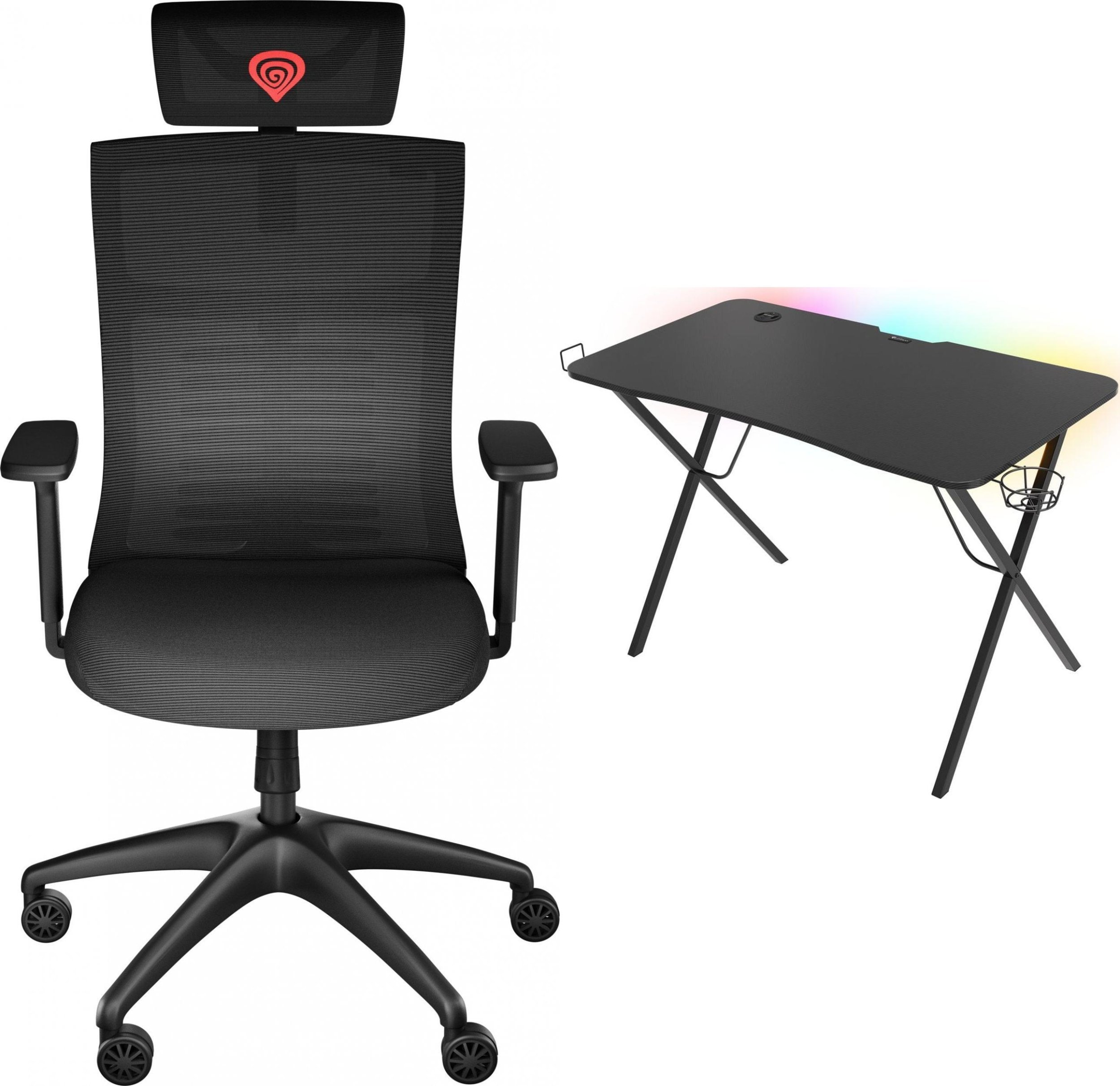 Fotel Genesis ASTAT 200 G2 Czarny NFG-1943 + Biurko Holm 200 RGB Czarne 113cm x 60cm