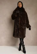 Płaszcze damskie - Brązowy Płaszcz Futro o Jednorzędowym Kroju z Szerokim Kołnierzem Aweda - miniaturka - grafika 1