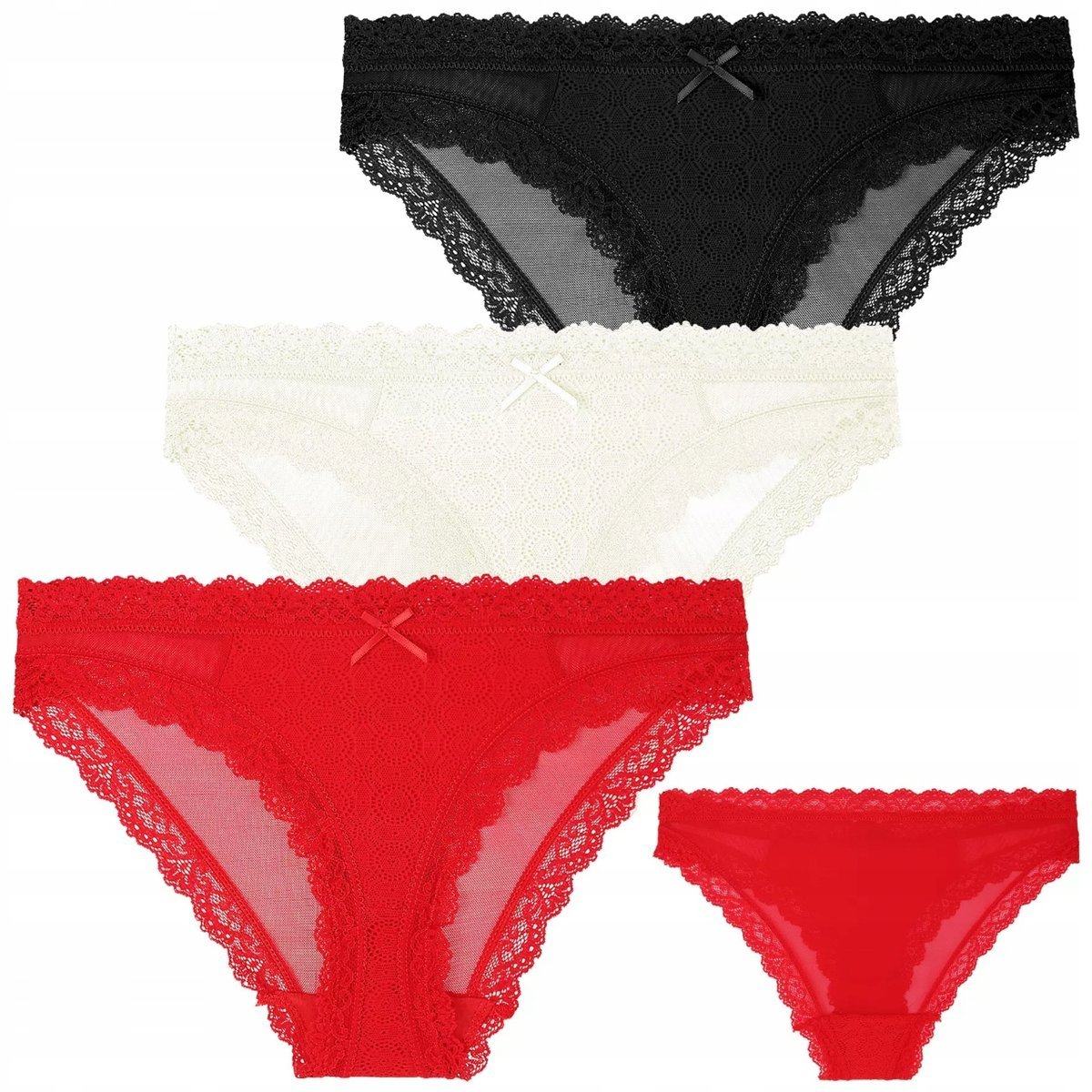 3X Majtki Damskie Bikini Figi Koronkowe Gładkie Kolorowe Subtelne Moraj M