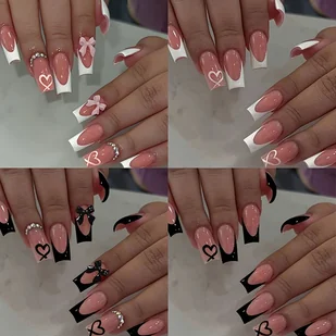 TEMU 96 sztuk Długie Kwadratowe z Francuskim Końcem, Ozdobione Sercem i Kokardą - Pełne Nakładki na Paznokcie w Stylu Słodkim dla Kobiet i Dziewczyn, - Akcesoria do paznokci - miniaturka - grafika 1