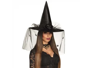 Kapelusz czarownicy czarny z woalką na Halloween - 1 szt. - Halloween - miniaturka - grafika 1