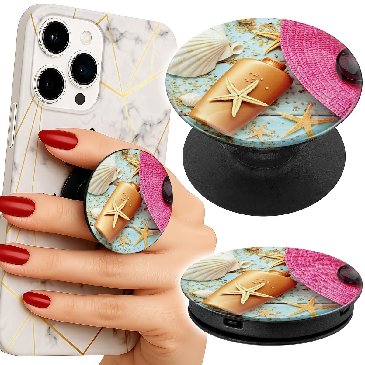 Uchwyt do telefonu Popsocket na palce/stojak PLAŻA MUSZLE KREM KAPELUSZ