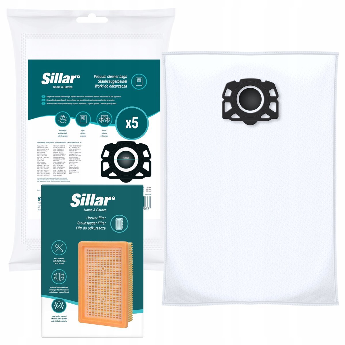 Worki Sillar do Kärcher KWD4 KWD5 KWD6 MV4 MV5 MV6 WD4 WD5 WD6 5szt + Filtr