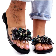 Klapki i japonki damskie - Damskie Klapki Z Ozdobnymi Kamieniami S.Barski KV-576-3 Czarne - miniaturka - grafika 1