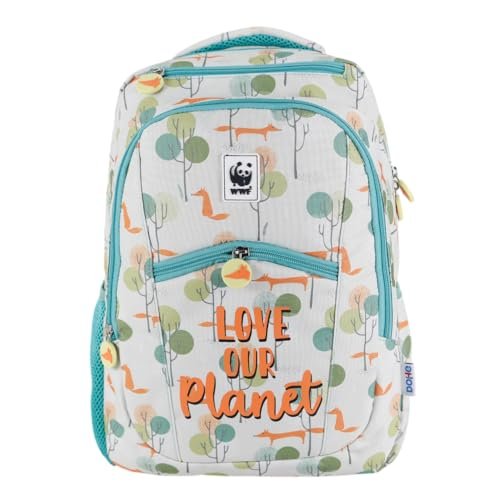DOHE - Plecak szkolny - 7 kieszeni (1 na laptopa), duży rozmiar, wzmocnione szelki i plecy, plecak studencki, WWF Love Our Planet, przybory szkolne, Biały, 28,5x40x12,5 cm