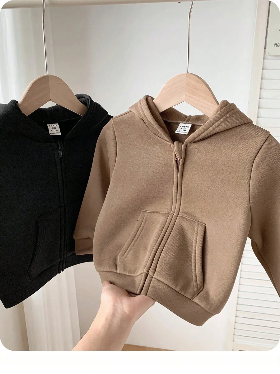 SHEIN BLUZA DZIECIĘCA Z KAPTUREM I KIESZENIĄ NA ZAMEK BRĄZOWA 80-86cm 11MA