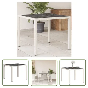 The Living Store Stół ogrodowy ze szklanym blatem - biały 90x90x75 cm - polirattan - Stół Ogrodowy - Stoły ogrodowe - miniaturka - grafika 1