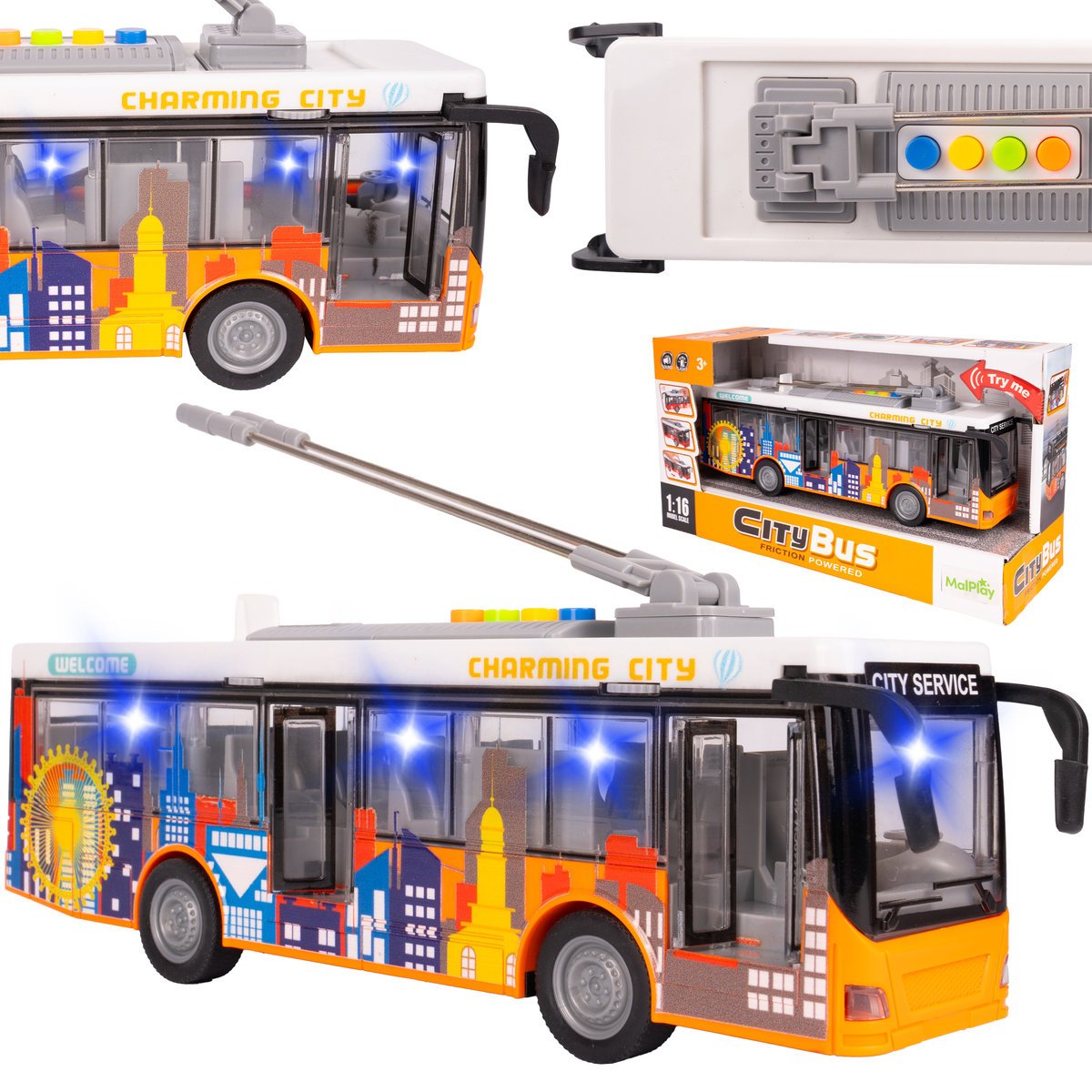 Autobus Miejski City Trolejbus Napęd Otwierane Drzwi Światła Dźwięki 1:16