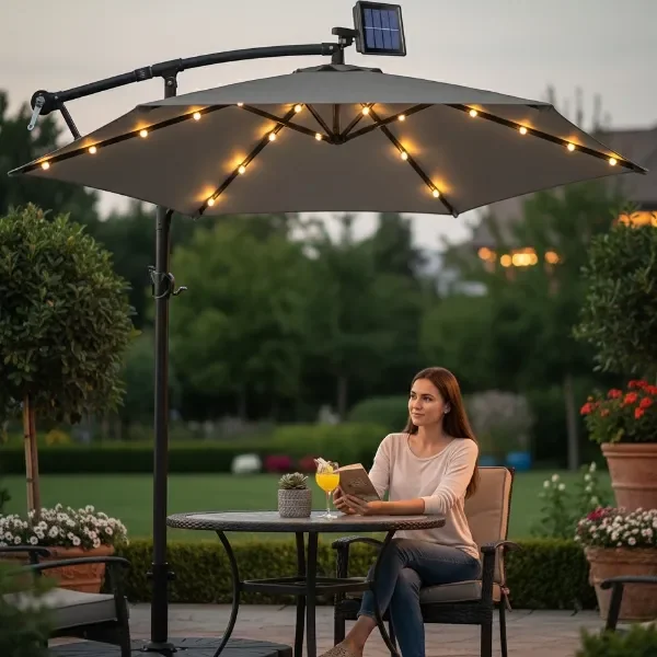 Parasol Ogrodowy LED Solarny Składany z Wysięgnikiem Duży