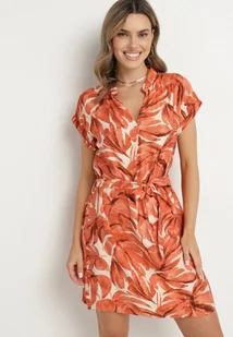 Pomarańczowa Pudełkowa Sukienka z Dekoltem w Serek o Roślinnym Wzorze z Paskiem w Talii Resevia - Sukienki - miniaturka - grafika 1