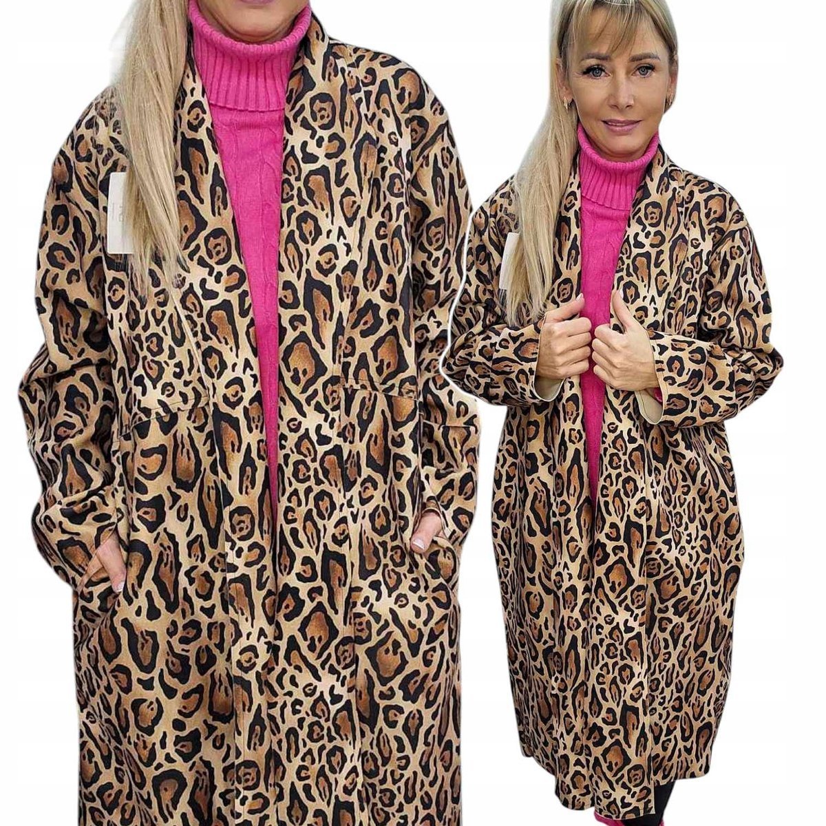 Płaszcz Damski Panterka wiosenny przejściowy luźny trencz beż 50 52 5xl 6xl