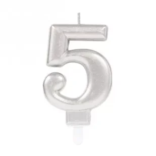 Amscan Świeczka cyferka 5 Sparkling Celebrations srebrna - Urodziny dla dorosłych - miniaturka - grafika 1