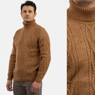 Swetry męskie - Sweter Męski Golf Brązowy Gruby Zimowy Wełniany Ciepły L Brązowy - miniaturka - grafika 1