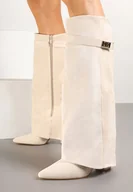 Kozaki damskie - Beżowe Kozaki na Słupku z Wywiniętą Cholewką i Klamerką Upaxa - miniaturka - grafika 1