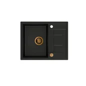 Zlewozmywaki - QUADRON Zlewozmywak granitowy jednokomorowy 62 50 21 cm z ociekaczem MORGAN 116 Very Black czarny mat z miedzianym odpływem HB8210U7-C1 - miniaturka - grafika 1