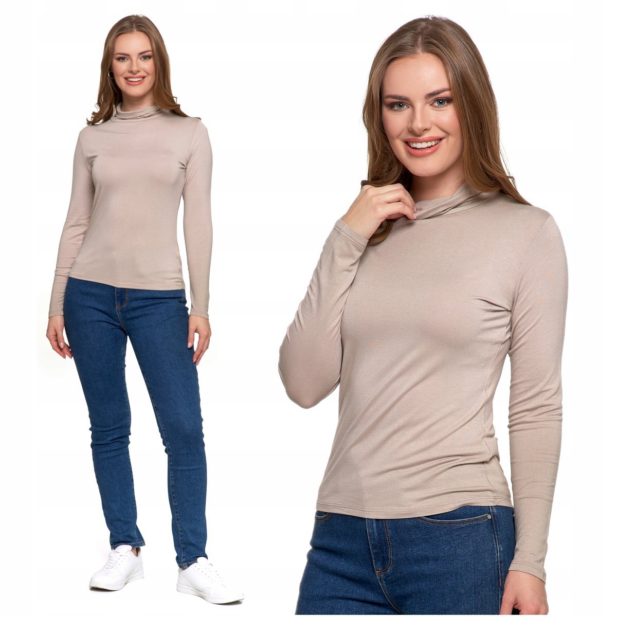 Bluzka Damska z Golfem Długi Rękaw Wiskoza Elegancka Modna Koszulka MORAJ L