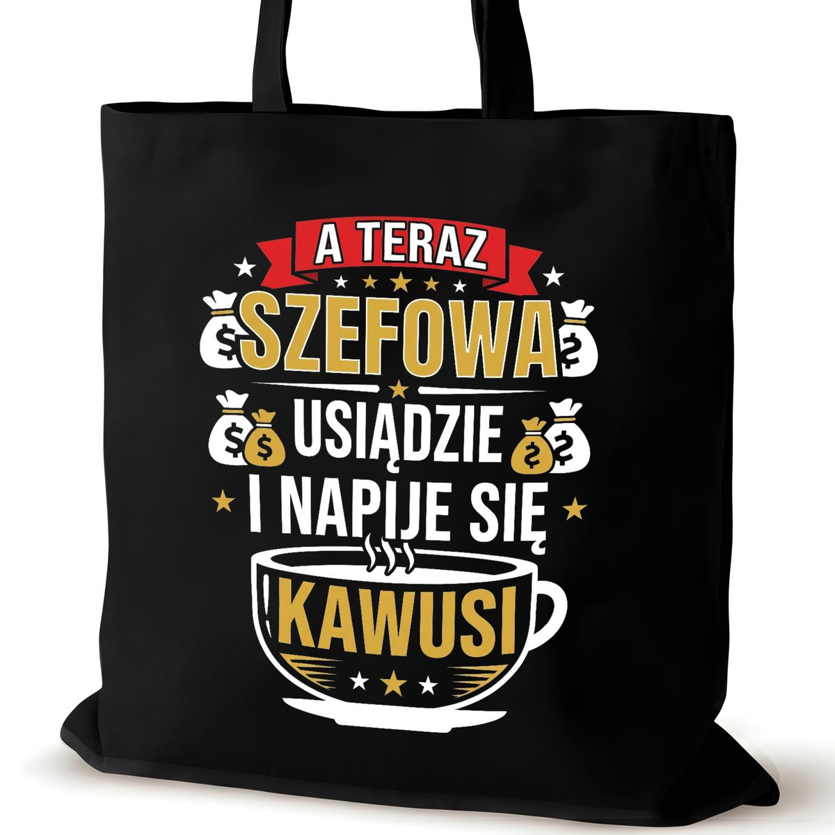 Torba bawełniana szefowej czarna na ramię nadrukiem duża biura usiądzie2