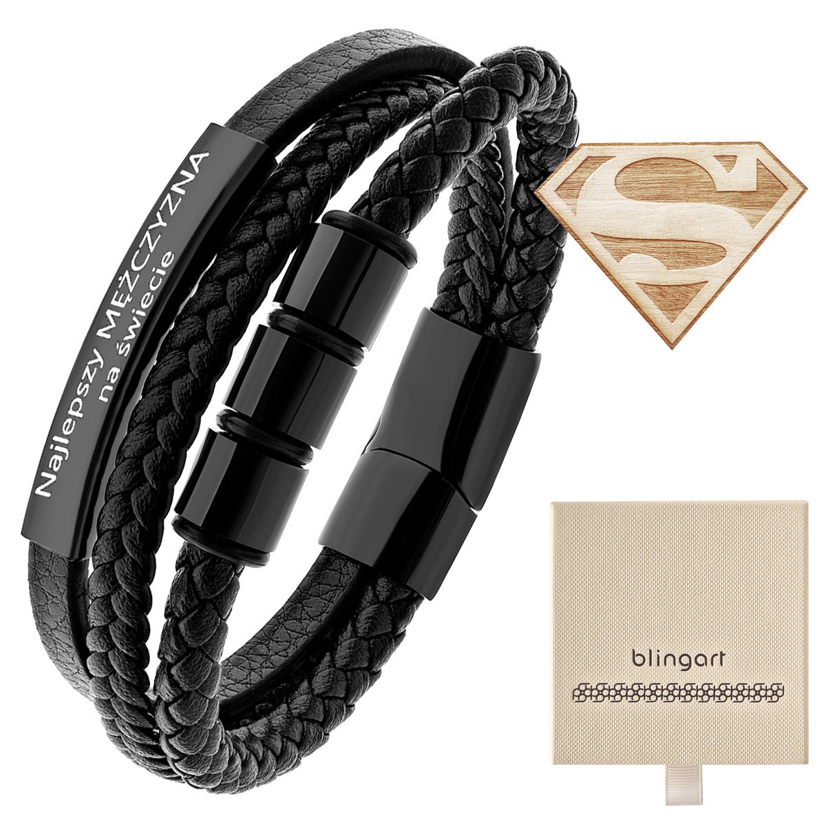 Bransoletka męska z GRAWEREM SKÓRZANA pleciona cza