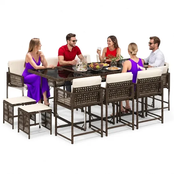 Zestaw mebli ogrodowych rattan PE, brązowy, 220x106x73 cm