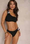 Stroje kąpielowe - Czarne Bikini 2-Częściowe Asymetryczny Stanik i Majtki z Aplikacjami Kwiatu Namsilea - miniaturka - grafika 1