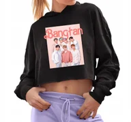 Bluzy damskie - Bluza Damska Czarna Krótka Z Kapturem BANGTAN Crop Hit KPOP - Rozmiar L - miniaturka - grafika 1