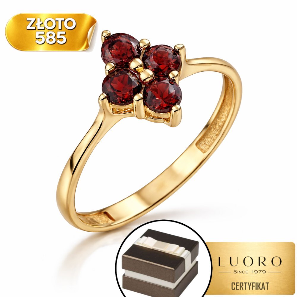 PIERŚCIONEK ZŁOTY 585 14K NATURALNY GRANAT KWIAT DELIKATNY R14